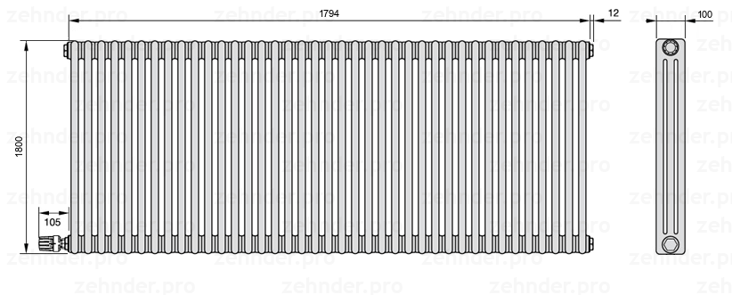 Схема (чертеж) Радиатор Zehnder Charleston 3180/39 №V004 Technoline TL